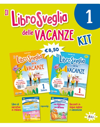 Copertina del libro 'Il Libro Svegliate delle Vacanze' con kit di materiali educativi, includendo testi in italiano e matematica.